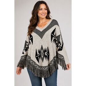 Hot And Delicious Women Cream Black OS Poncho Aztec Sweater Southwestern Fringe